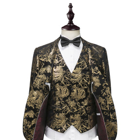 Gold Foil-Embossed Black Three Piece Suit S8134
