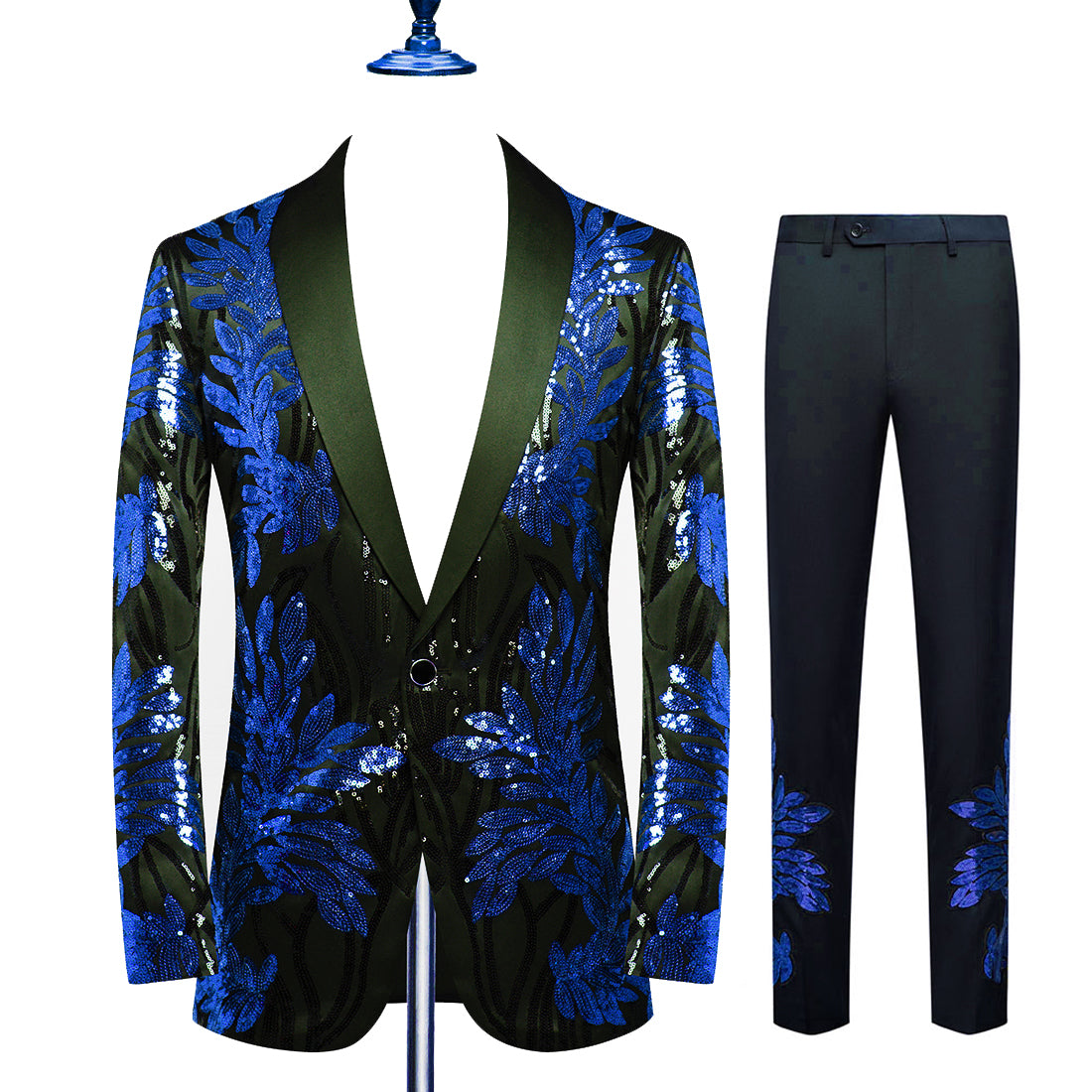 Costume brodé de feuilles bleues à paillettes S8326 