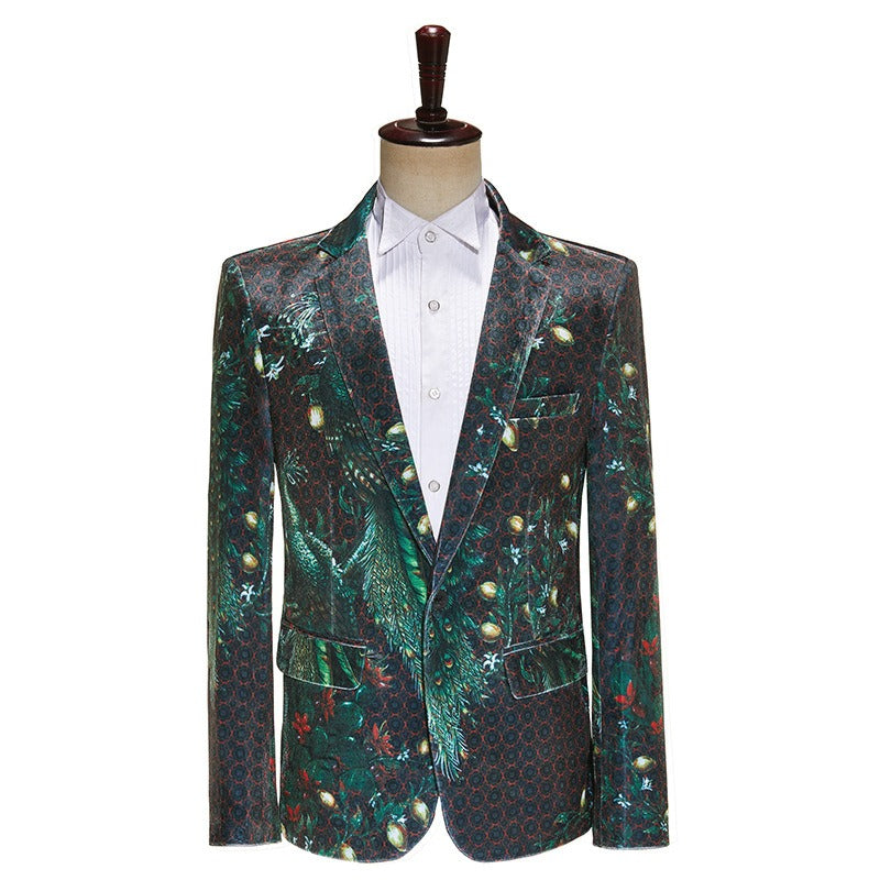 SUITMINE Green Peacock Print Suit S8634
