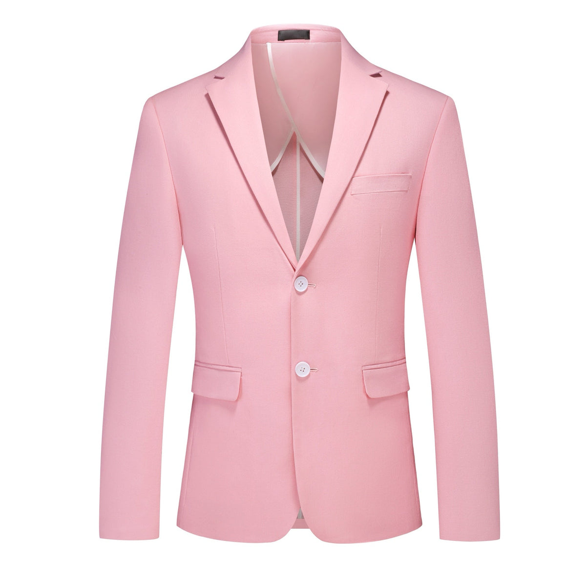 Front view of a men's light pink slim fit suit, featuring a two-button blazer and matching trousers.
