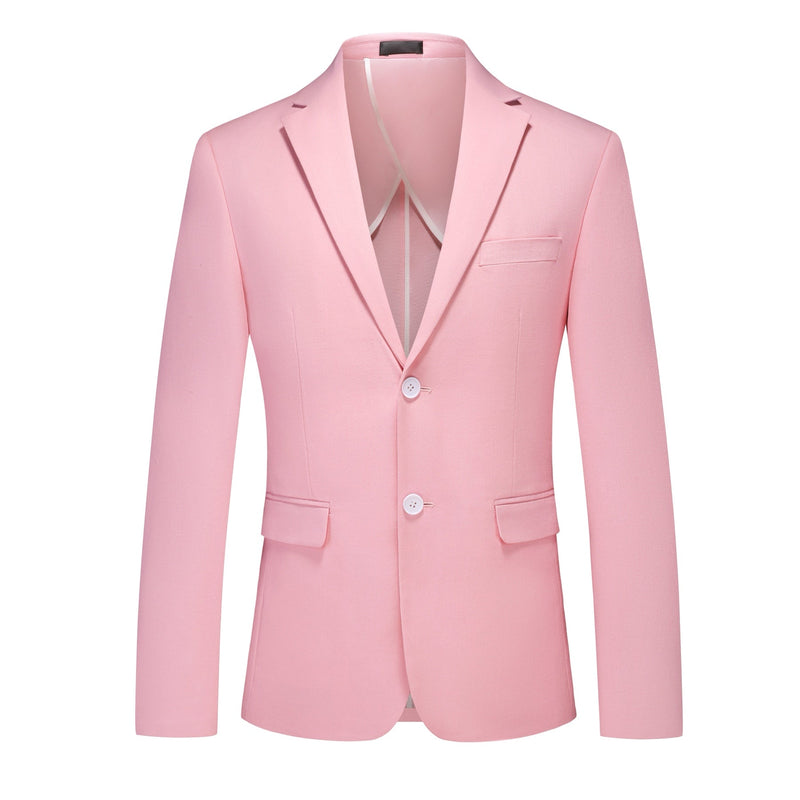 Front view of a men's light pink slim fit suit, featuring a two-button blazer and matching trousers.