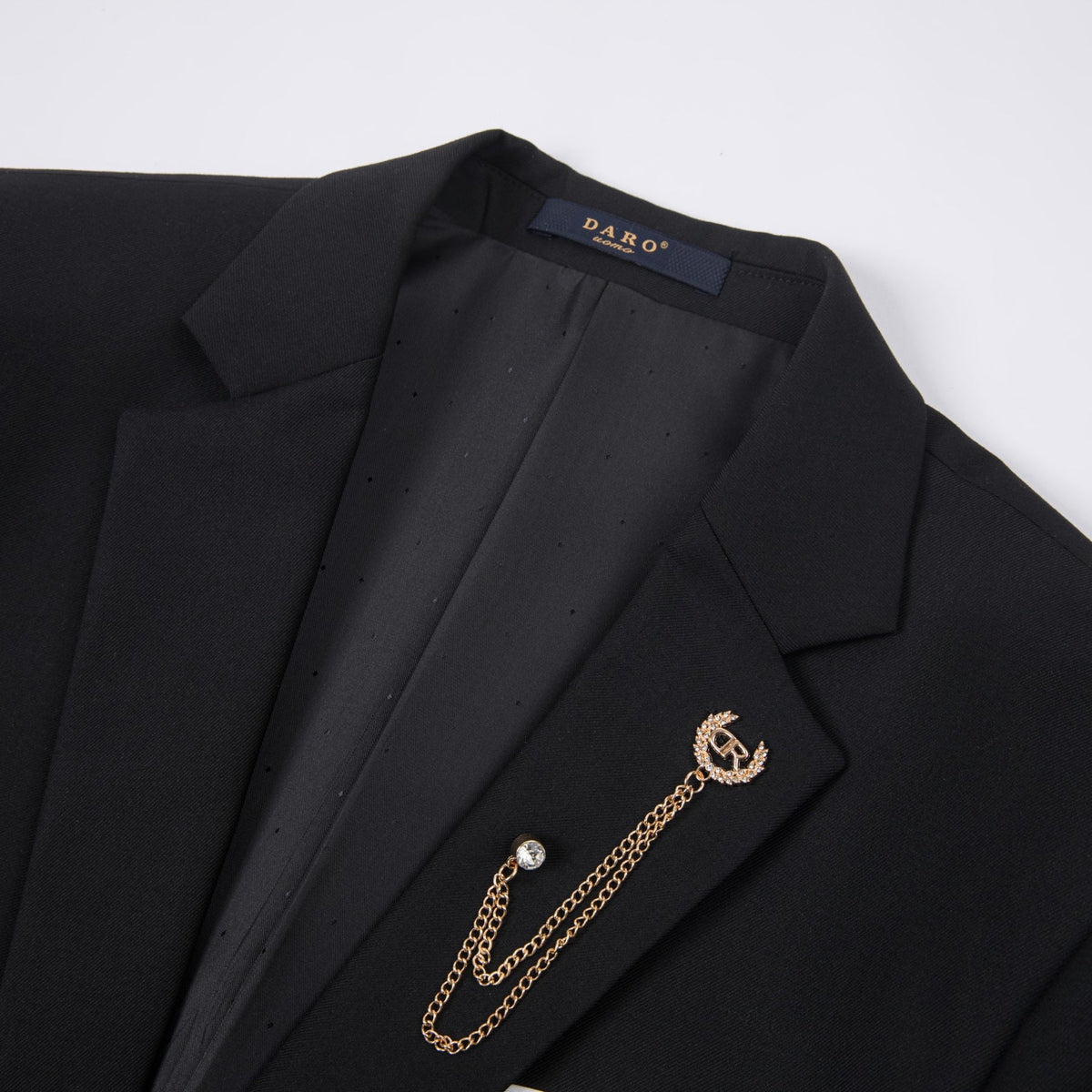 Full view of a Suitmine Men's Black Slim Fit 3-Piece Suit on a mannequin, featuring a blazer, vest, and trousers, accented