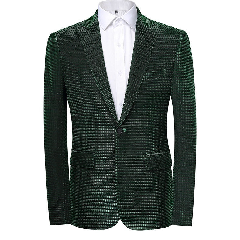 Front view of a Suitmine men's slim fit navy textured blazer with a shimmering grid pattern, paired with a white shirt.