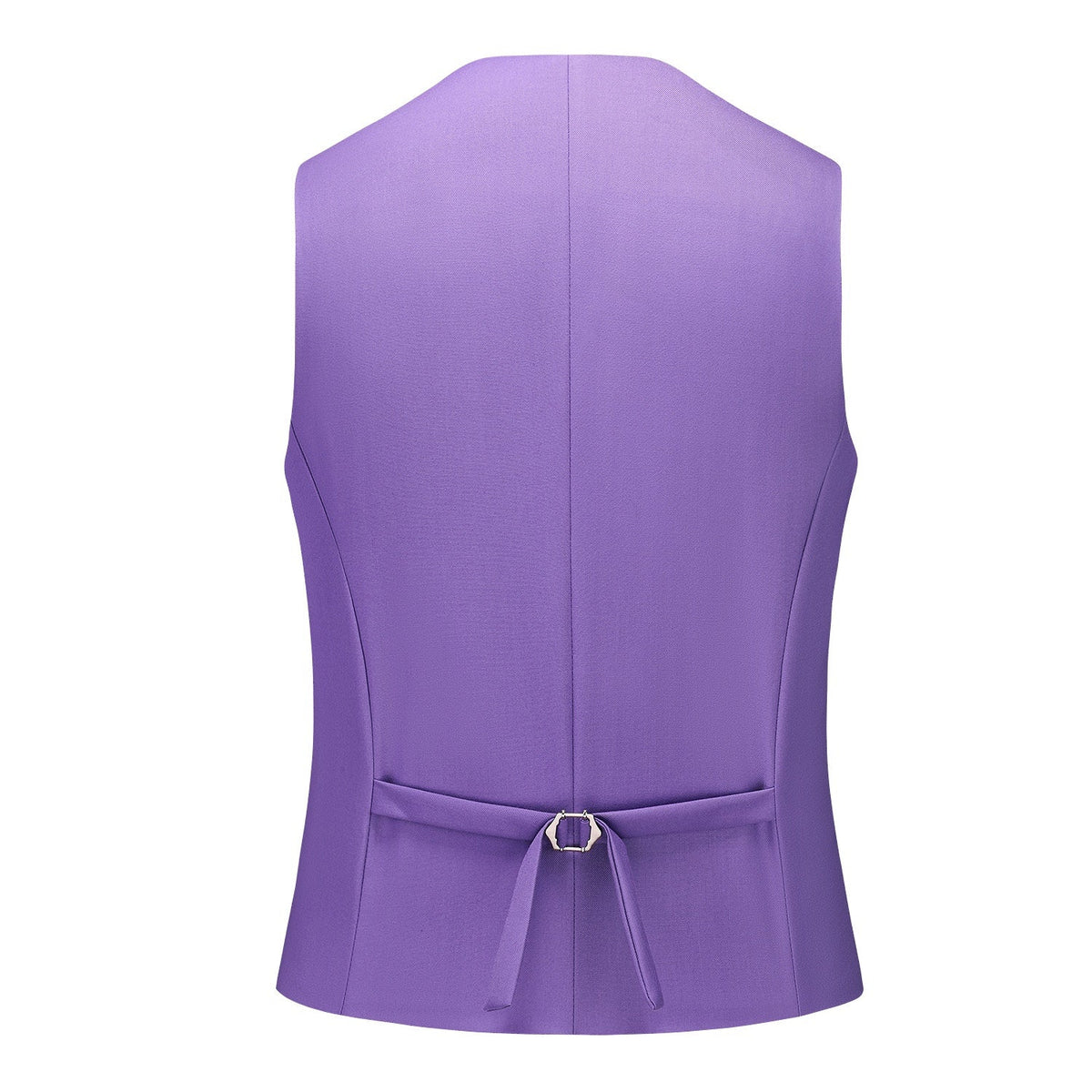 Men's purple three-piece suit, including a blazer, vest, and trousers, displayed on a mannequin with a white shirt and
