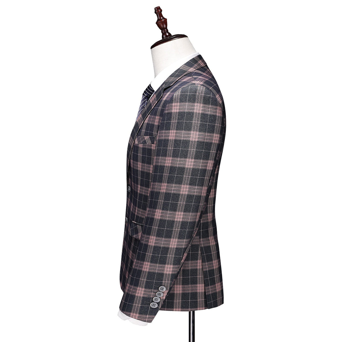 Front view of a men's dark gray and pink plaid three-piece suit, including blazer, vest, and trousers.