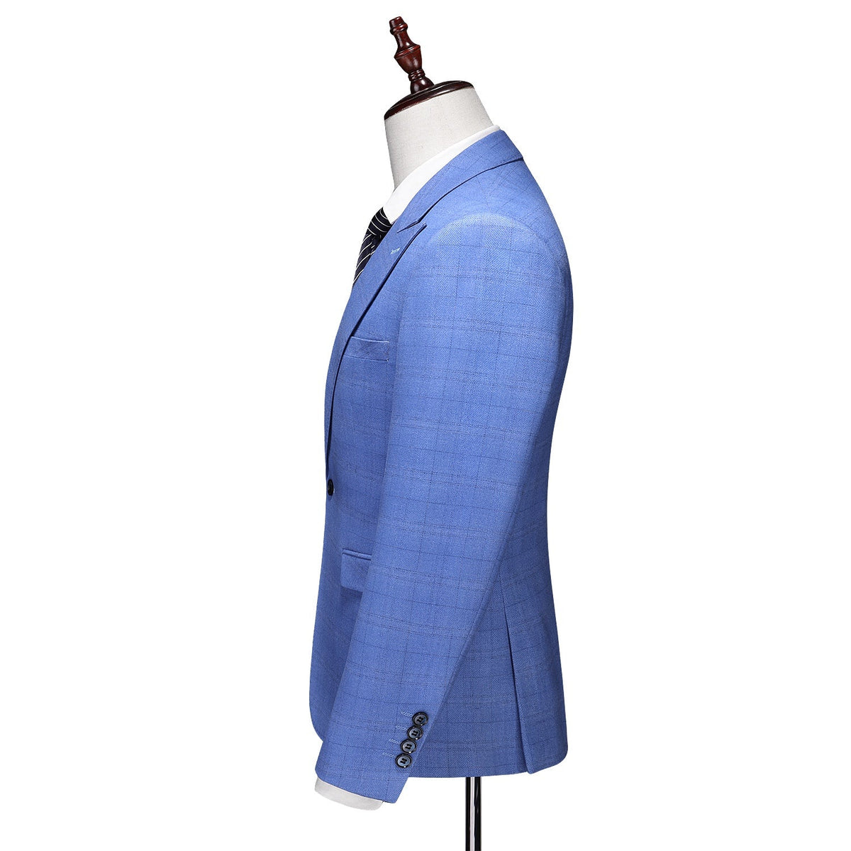 Full view of a men's blue plaid three-piece suit including jacket, double-breasted vest, and trousers, styled on a mannequin.