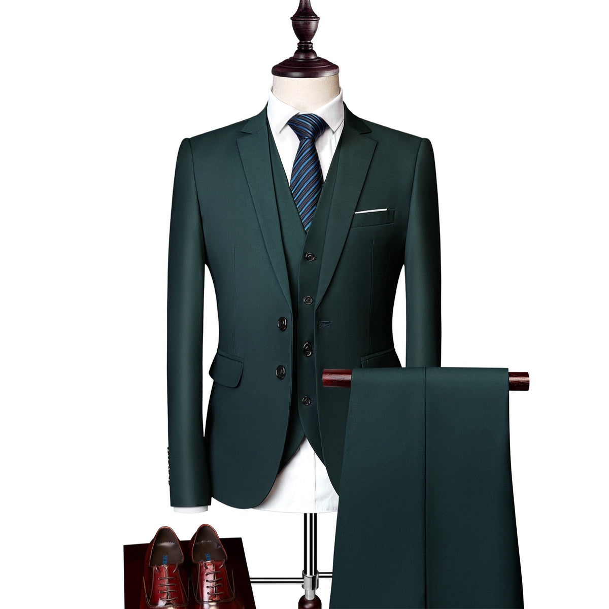 Men's slim fit 3 piece suit in various colors, featuring a jacket, vest, and trousers, styled with a white shirt, tie, and