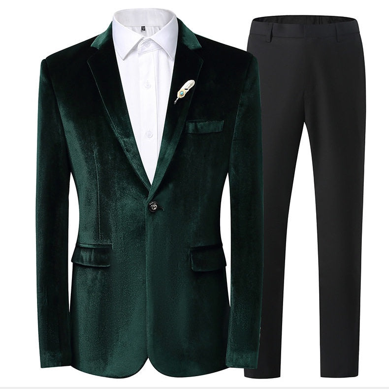A collection of men's velvet suits in blue, red, gold, purple, and green, each featuring a one-button blazer with a feather