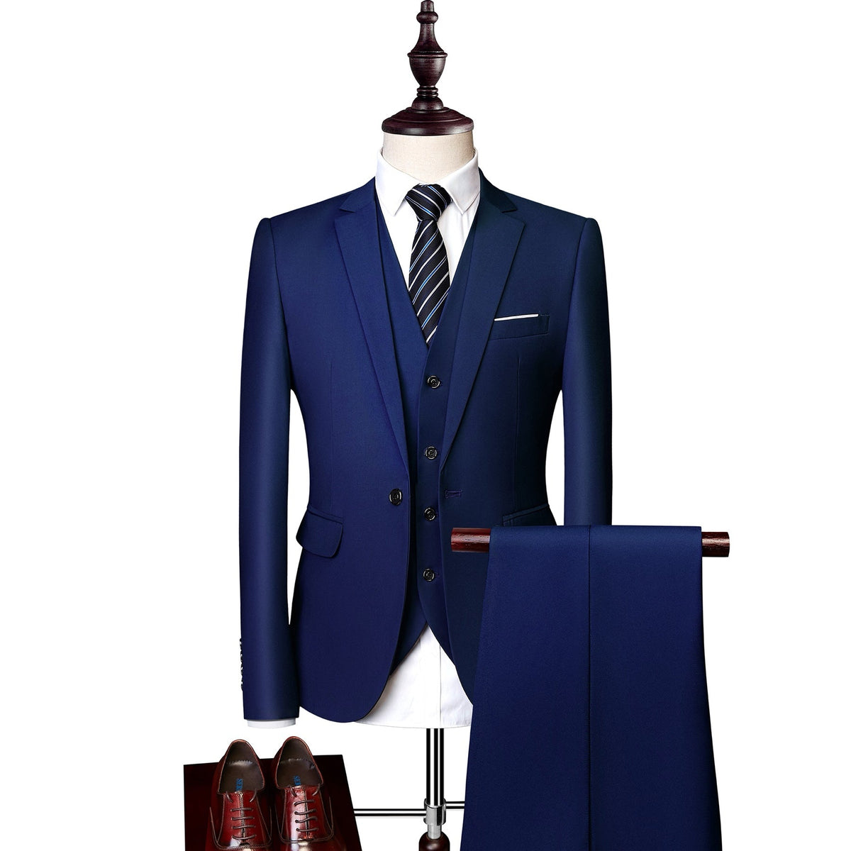 A collection of men's slim fit 3 piece suits in various colors, including blue, pink, white, red, and more, displayed on