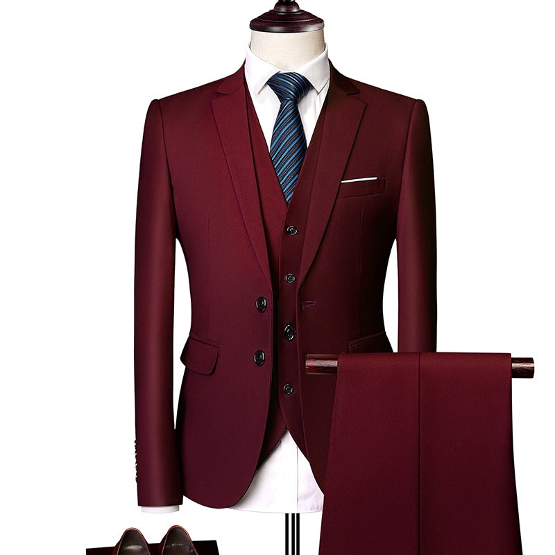 Men's slim fit 3 piece suit in various colors, featuring a jacket, vest, and trousers, styled with a white shirt, tie, and