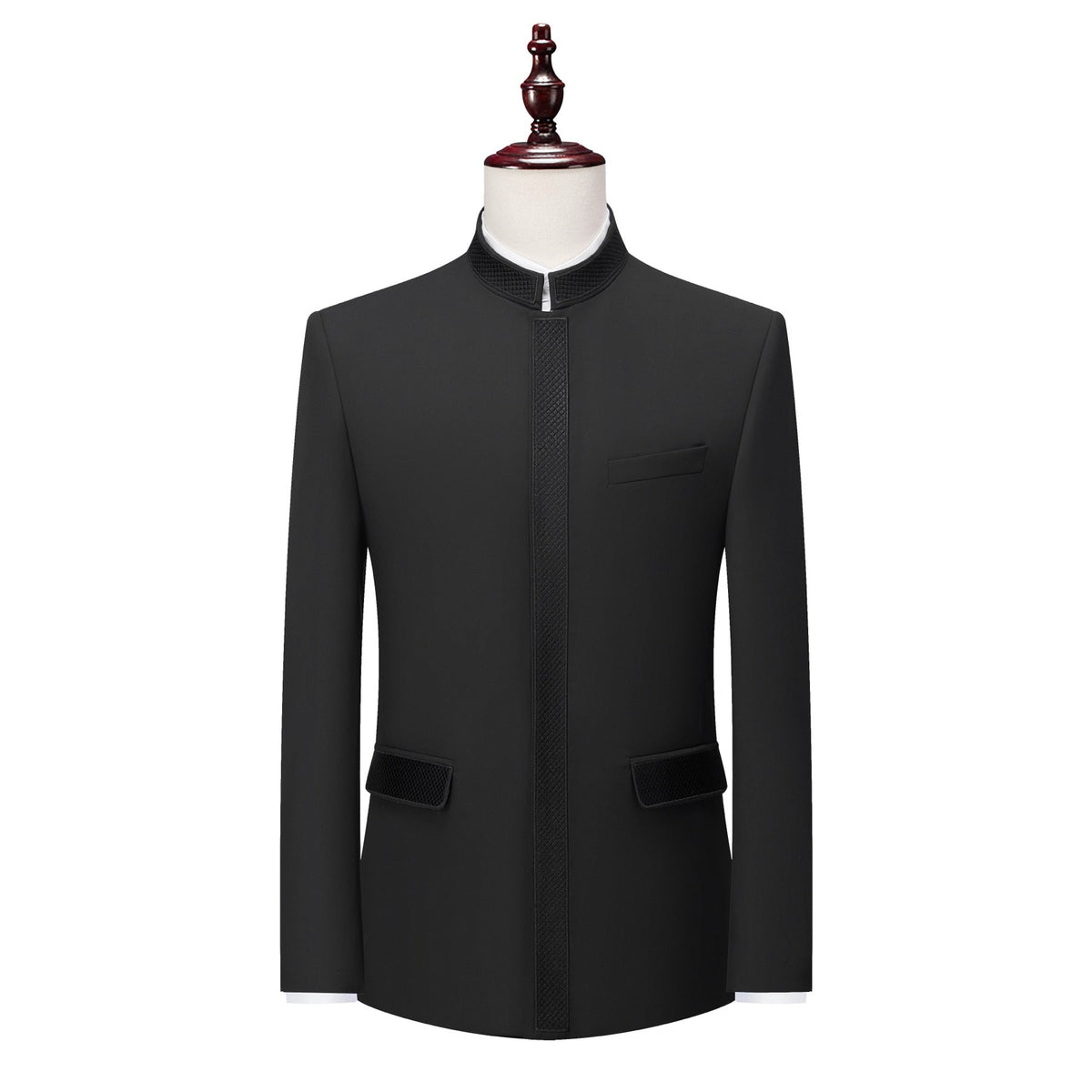 A collection of Suitmine men's mandarin collar suits in black, beige, dark green, and navy blue, featuring textured trim
