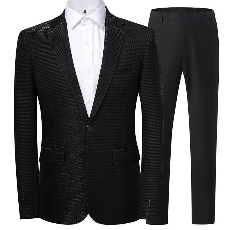 Front view of a Suitmine men's slim fit navy textured blazer with a shimmering grid pattern, paired with a white shirt.