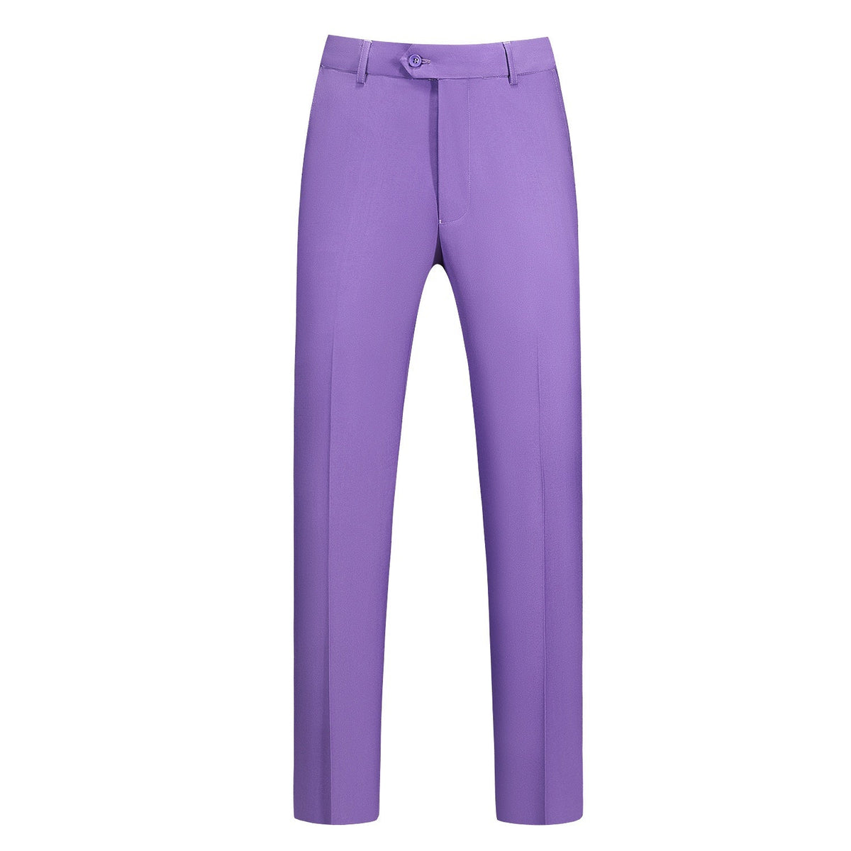 Men's purple three-piece suit, including a blazer, vest, and trousers, displayed on a mannequin with a white shirt and
