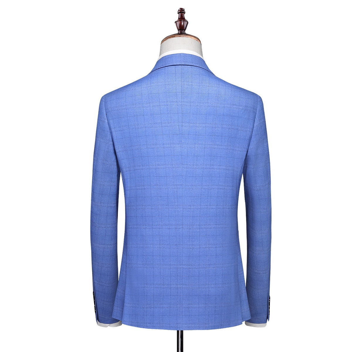 Full view of a men's blue plaid three-piece suit including jacket, double-breasted vest, and trousers, styled on a mannequin.