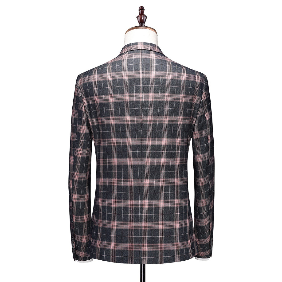 Front view of a men's dark gray and pink plaid three-piece suit, including blazer, vest, and trousers.