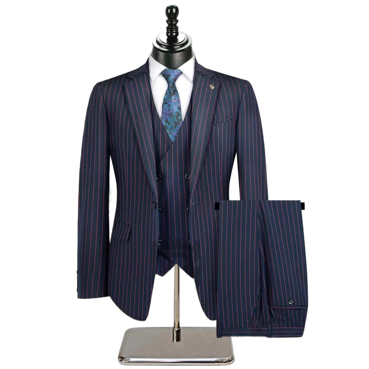 Men's beige pinstripe three-piece suit with a single-breasted jacket, double-breasted vest, and matching trousers, styled