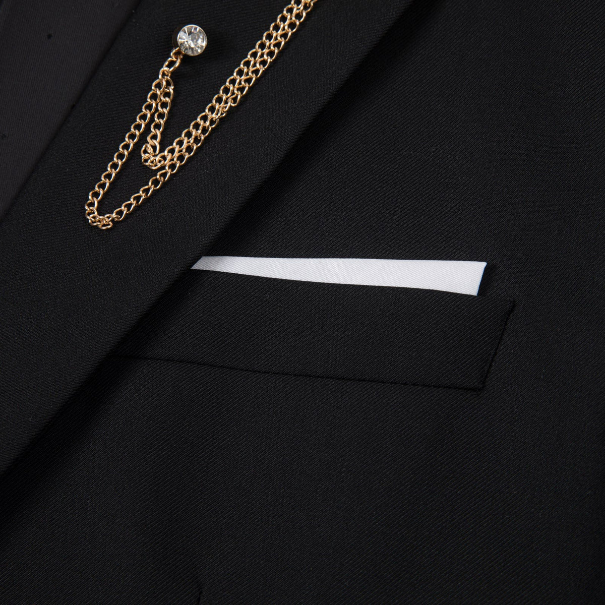 Full view of a Suitmine Men's Black Slim Fit 3-Piece Suit on a mannequin, featuring a blazer, vest, and trousers, accented