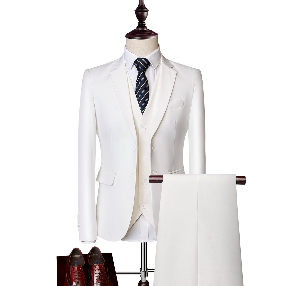 Men's slim fit 3 piece suit in various colors, featuring a jacket, vest, and trousers, styled with a white shirt, tie, and