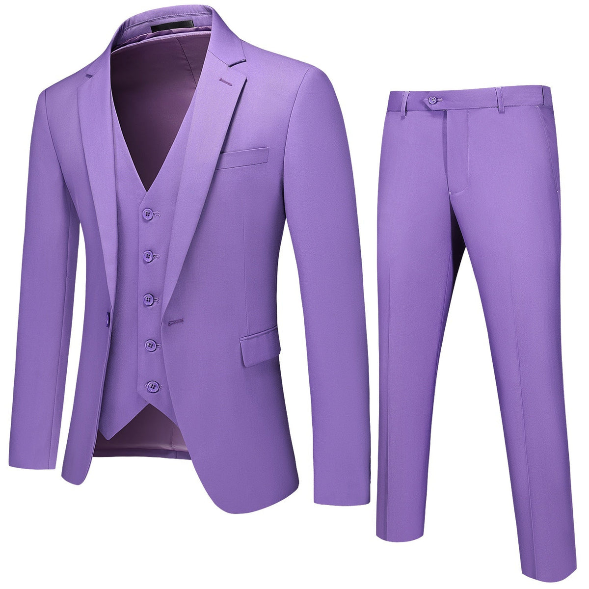 Men's purple three-piece suit, including a blazer, vest, and trousers, displayed on a mannequin with a white shirt and