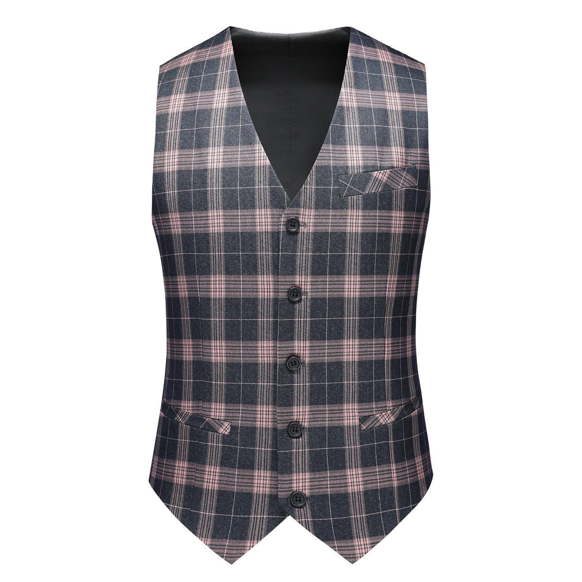 Front view of a men's dark gray and pink plaid three-piece suit, including blazer, vest, and trousers.