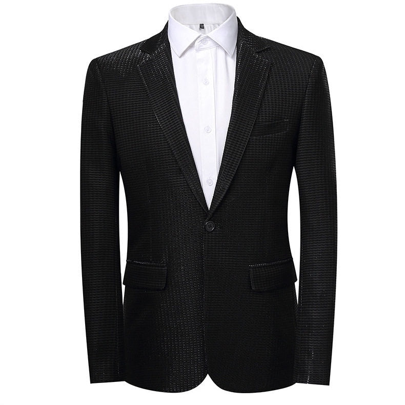 Front view of a Suitmine men's slim fit navy textured blazer with a shimmering grid pattern, paired with a white shirt.