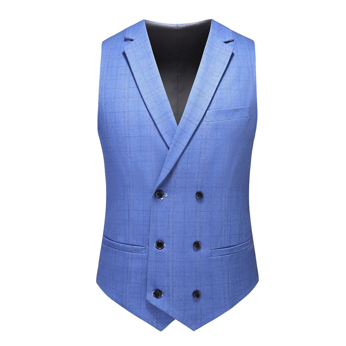 Full view of a men's blue plaid three-piece suit including jacket, double-breasted vest, and trousers, styled on a mannequin.