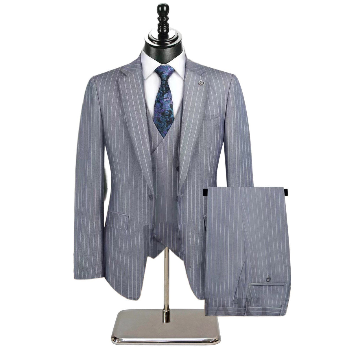 Men's beige pinstripe three-piece suit with a single-breasted jacket, double-breasted vest, and matching trousers, styled