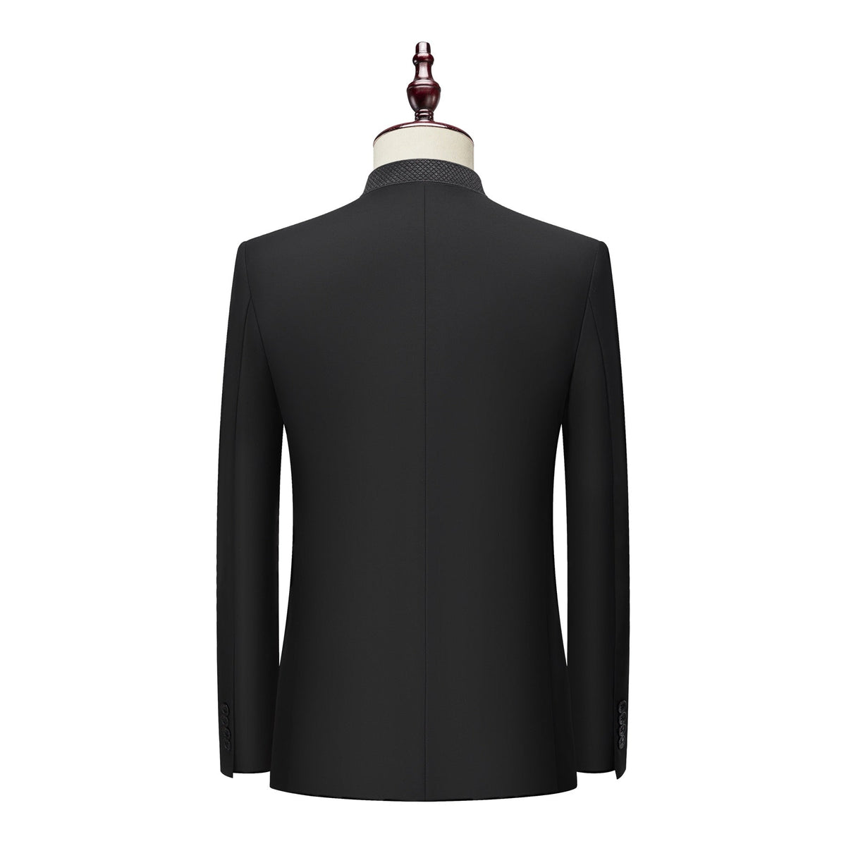 A collection of Suitmine men's mandarin collar suits in black, beige, dark green, and navy blue, featuring textured trim