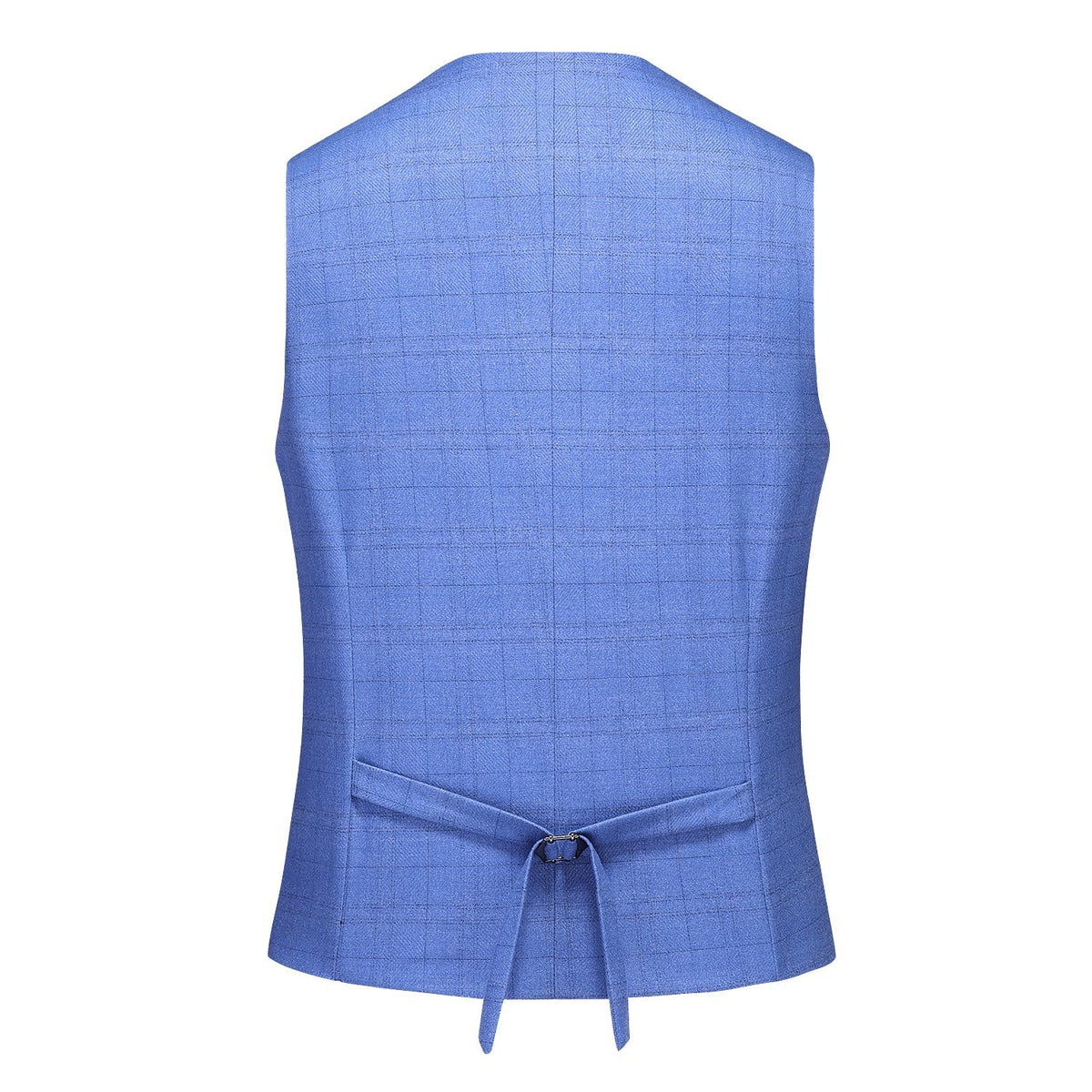 Full view of a men's blue plaid three-piece suit including jacket, double-breasted vest, and trousers, styled on a mannequin.