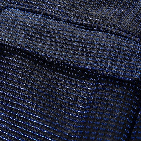 Front view of a Suitmine men's slim fit navy textured blazer with a shimmering grid pattern, paired with a white shirt.