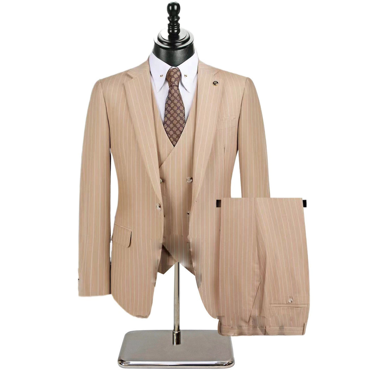 Men's beige pinstripe three-piece suit with a single-breasted jacket, double-breasted vest, and matching trousers, styled