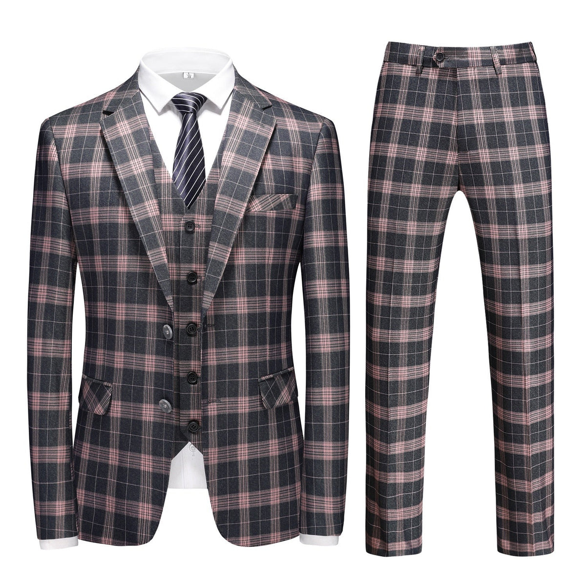 Front view of a men's dark gray and pink plaid three-piece suit, including blazer, vest, and trousers.