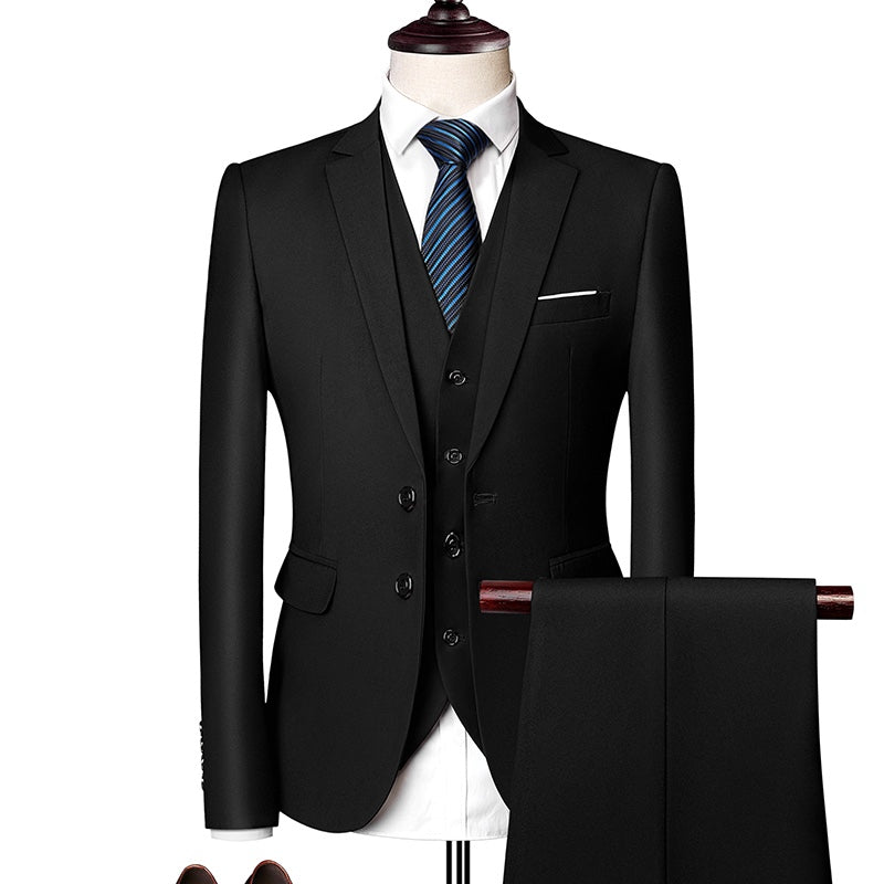Men's slim fit 3 piece suit in various colors, featuring a jacket, vest, and trousers, styled with a white shirt, tie, and