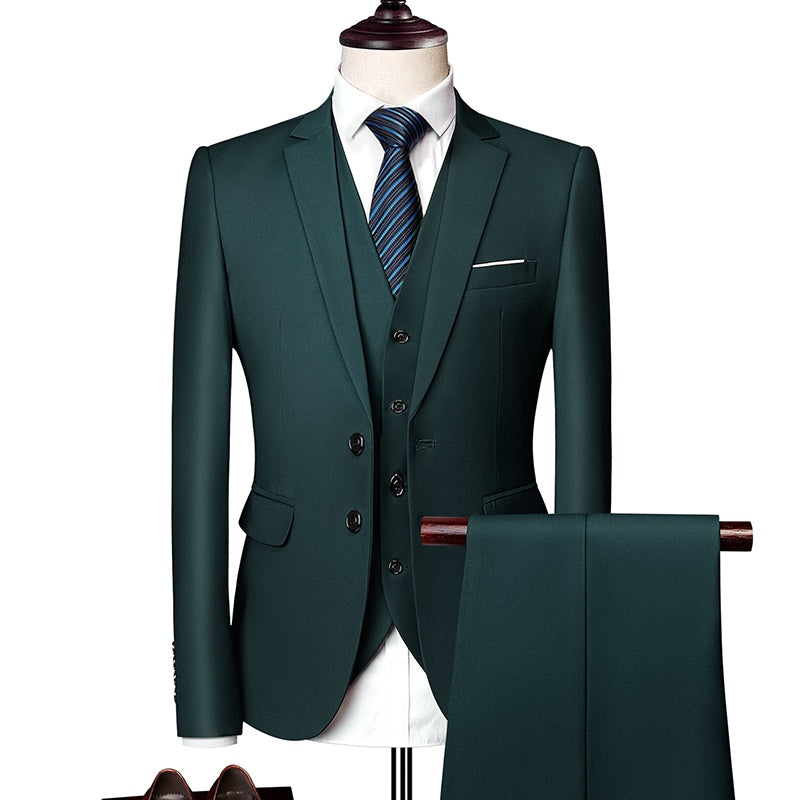 Men's slim fit 3 piece suit in various colors, featuring a jacket, vest, and trousers, styled with a white shirt, tie, and