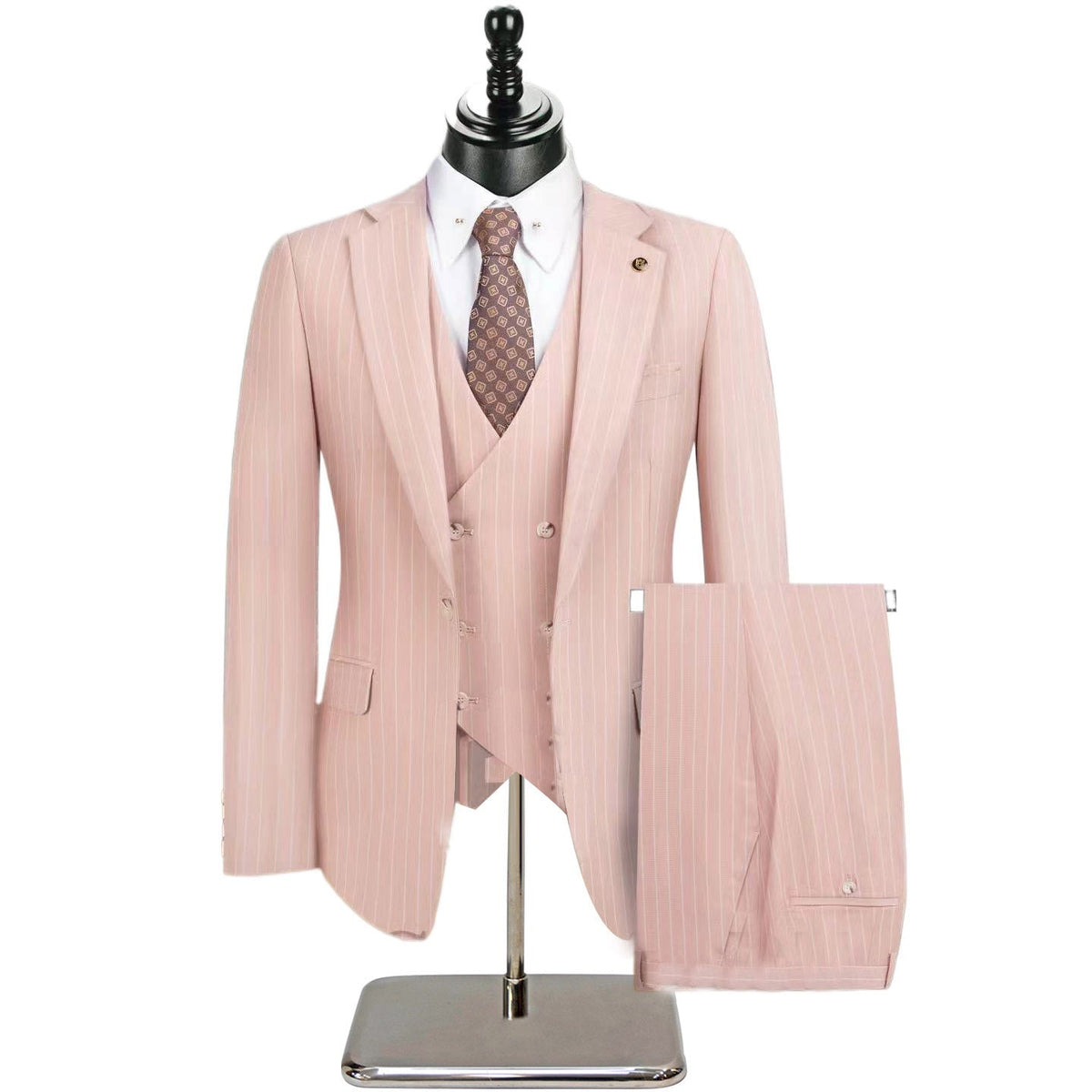 Men's beige pinstripe three-piece suit with a single-breasted jacket, double-breasted vest, and matching trousers, styled