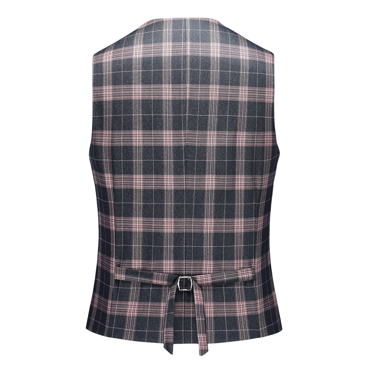 Front view of a men's dark gray and pink plaid three-piece suit, including blazer, vest, and trousers.
