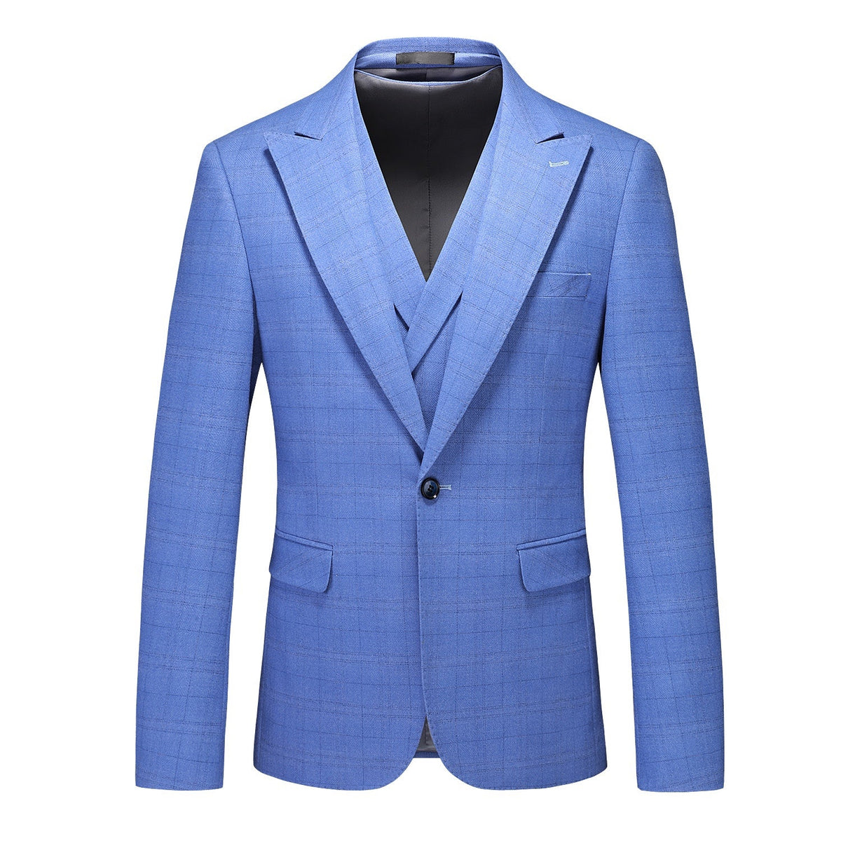 Full view of a men's blue plaid three-piece suit including jacket, double-breasted vest, and trousers, styled on a mannequin.