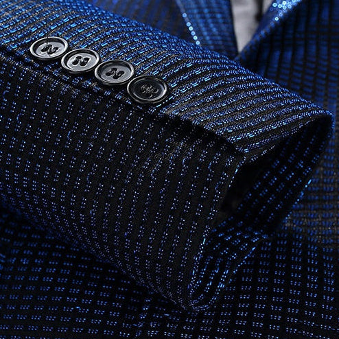 Front view of a Suitmine men's slim fit navy textured blazer with a shimmering grid pattern, paired with a white shirt.