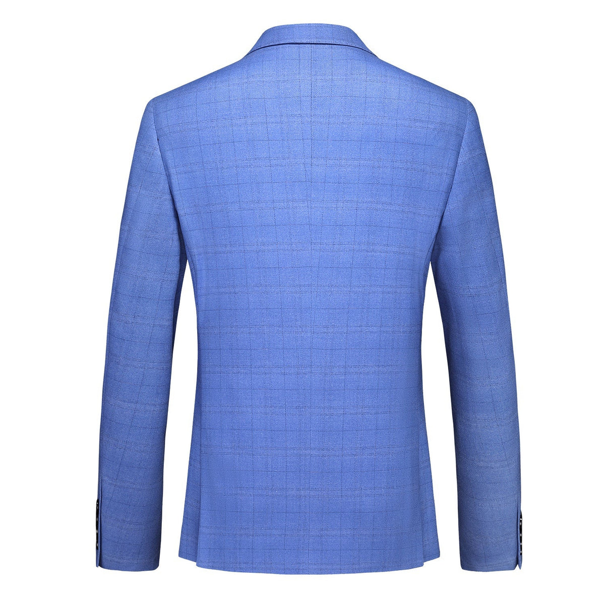 Full view of a men's blue plaid three-piece suit including jacket, double-breasted vest, and trousers, styled on a mannequin.