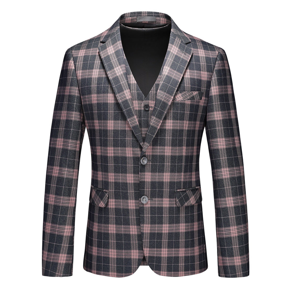 Front view of a men's dark gray and pink plaid three-piece suit, including blazer, vest, and trousers.