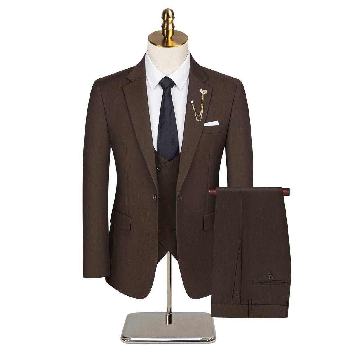 Full view of a men's brown 3-piece suit on a mannequin, including a single-breasted jacket, double-breasted vest, and