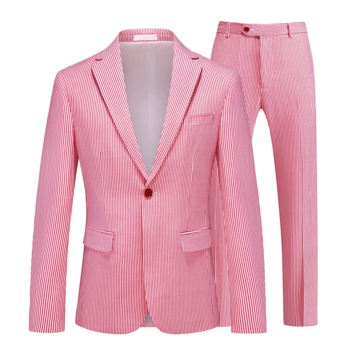 Front view of a men's red and white striped seersucker two-piece suit with a single-button blazer and matching trousers.