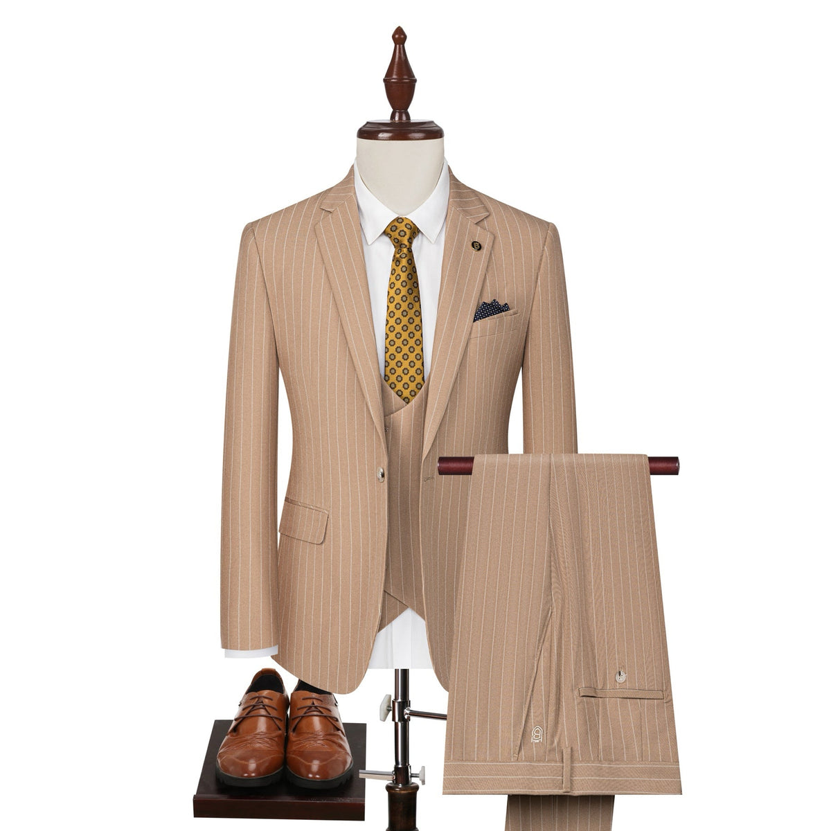 Men's beige pinstripe three-piece suit with a single-breasted jacket, double-breasted vest, and matching trousers, styled