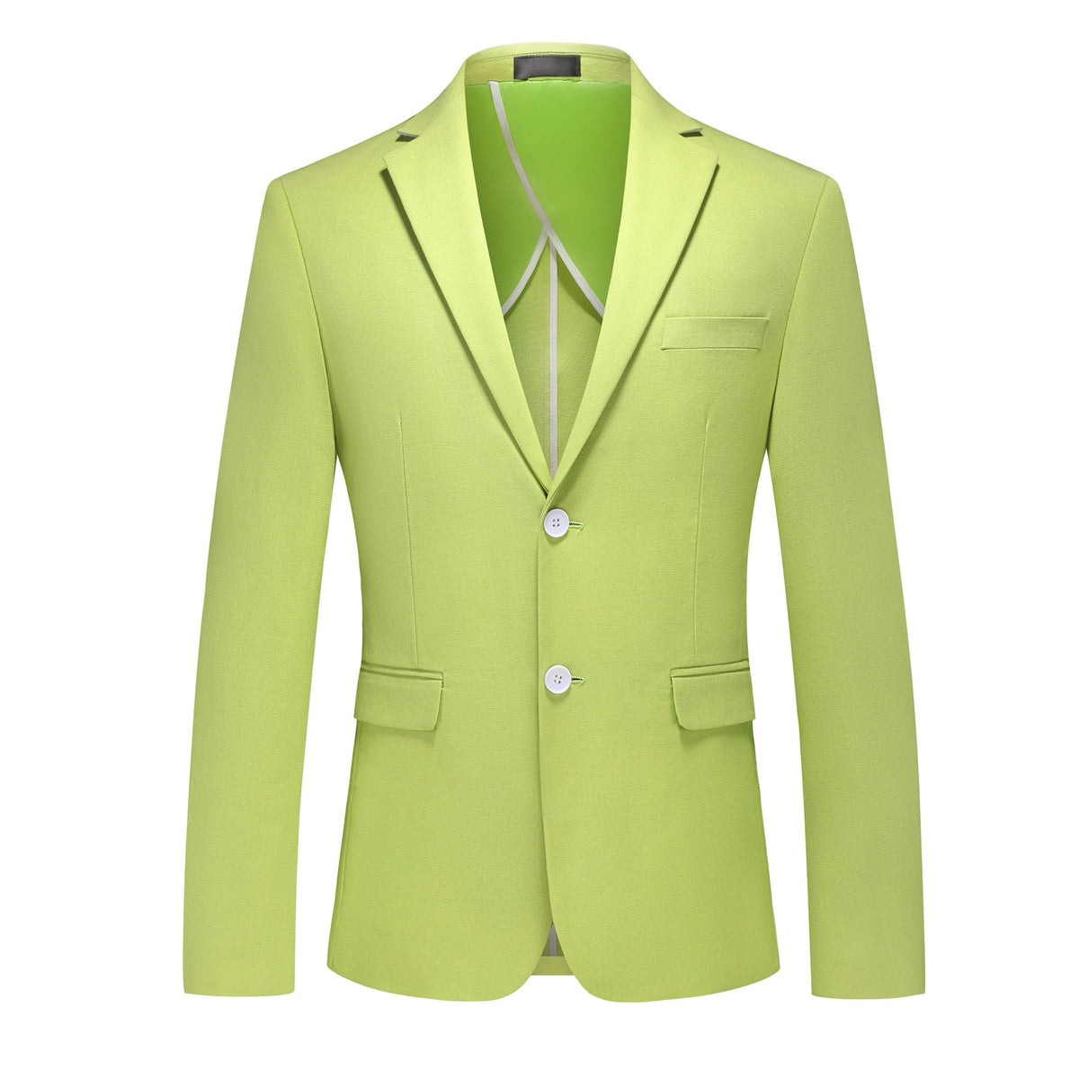 Men's lime green slim fit suit set with two-button blazer and matching trousers