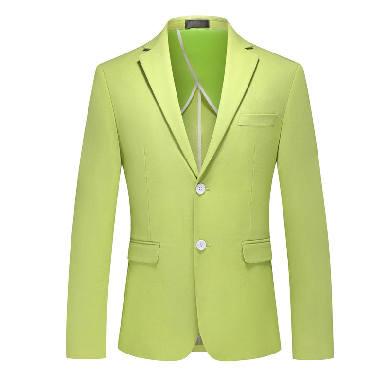 Men's lime green slim fit suit set with two-button blazer and matching trousers