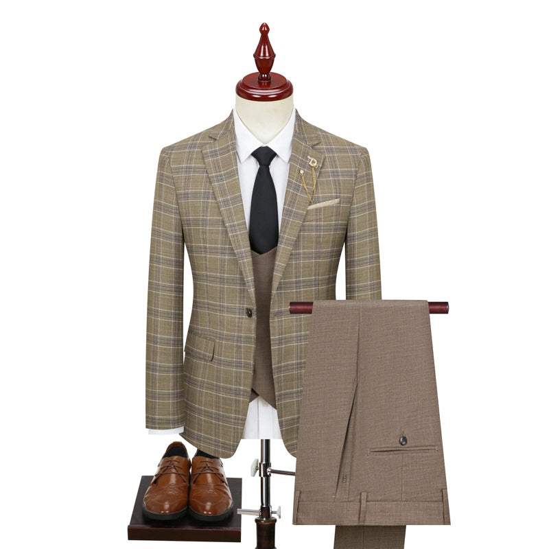 Men's plaid three-piece suit with single-breasted jacket, vest, and trousers on a mannequin and individual shots.
