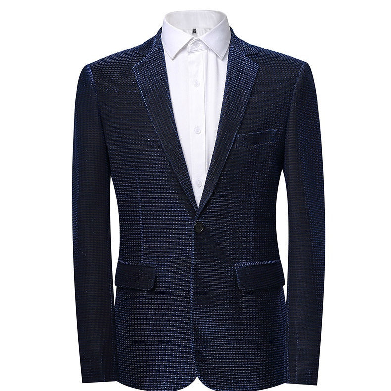 Front view of a Suitmine men's slim fit navy textured blazer with a shimmering grid pattern, paired with a white shirt.