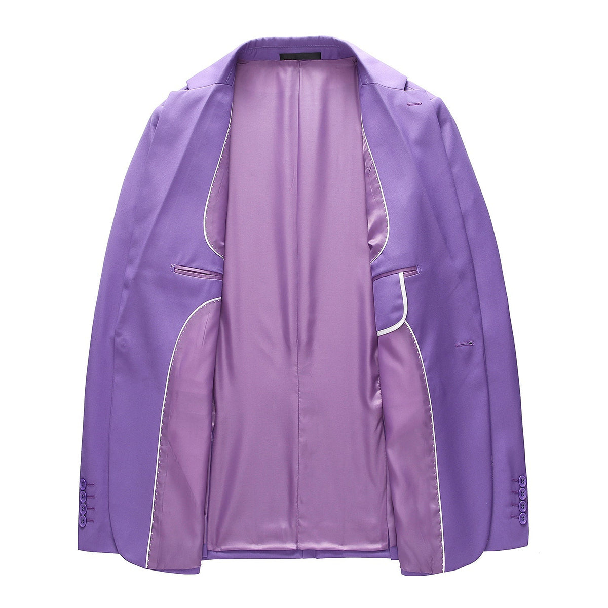Men's purple three-piece suit, including a blazer, vest, and trousers, displayed on a mannequin with a white shirt and