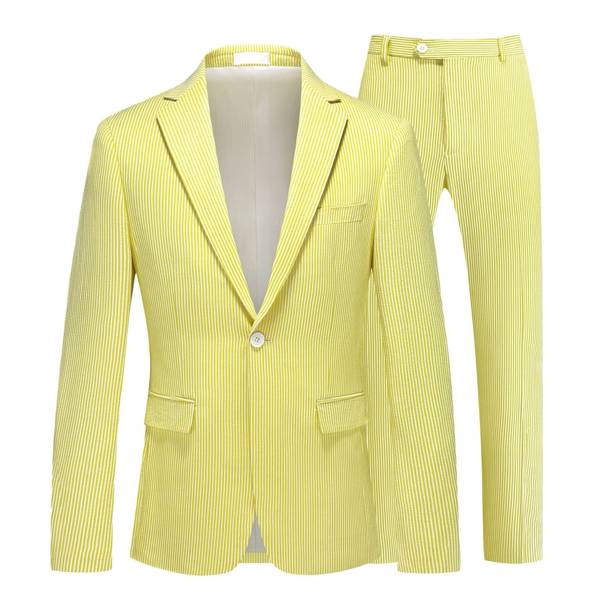 Front view of a men's yellow and white striped seersucker two-piece suit with a single-breasted jacket, notched lapels, and