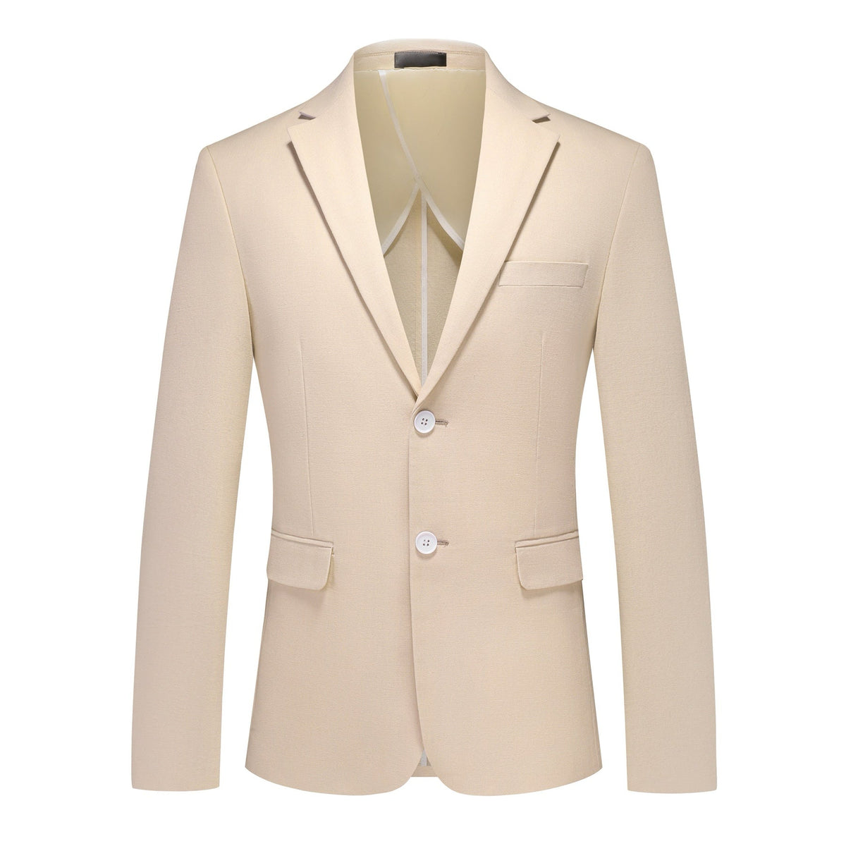 Front view of a men's beige two-piece suit, featuring a single-breasted jacket with two white buttons and matching flat-front
